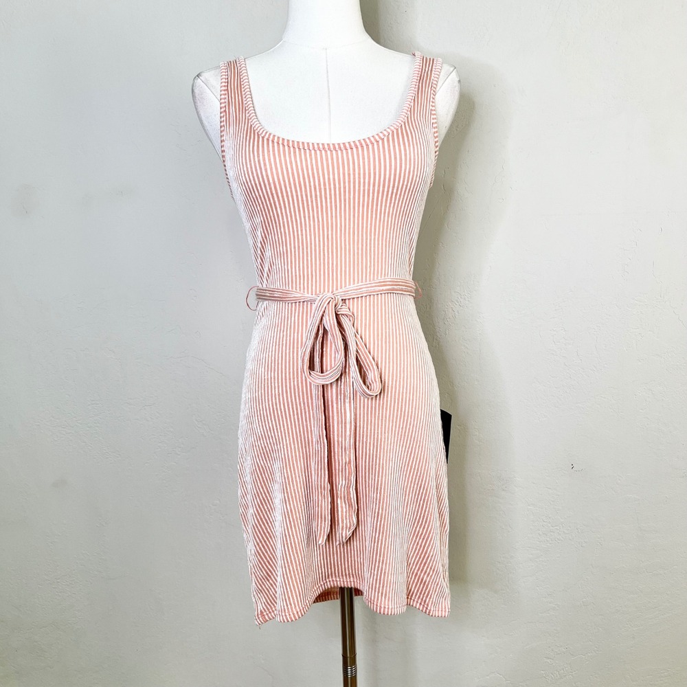 Lulus Peach‎ White Striped Ribbed Mini Dress Sleeveless Tie Waist Size Small NWT